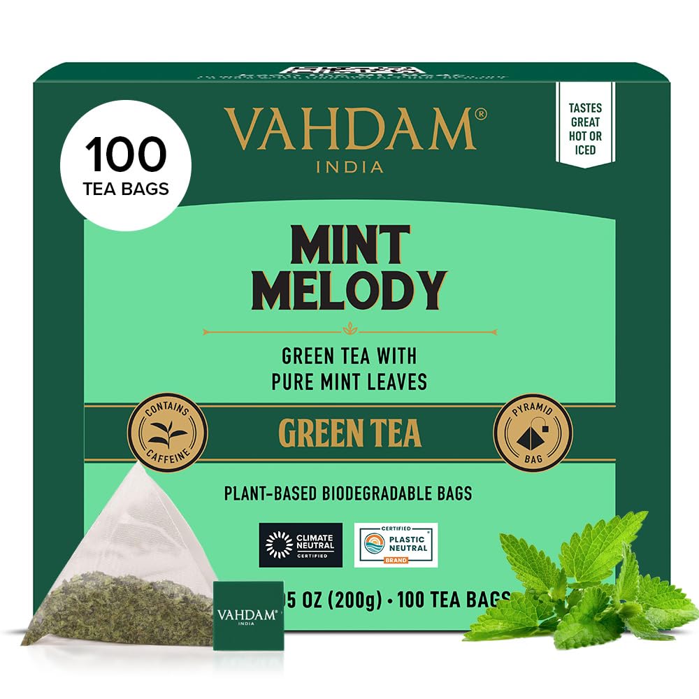 VAHDAM Mint Green Tea Bags packaging enables convenient daily brewing.