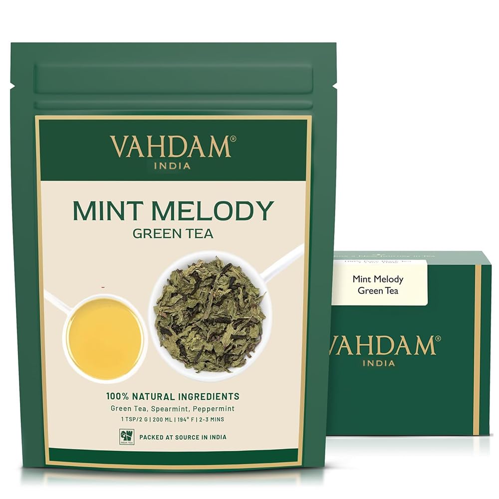 VAHDAM Mint Melody Green Tea loose leaves ready for a calming evening cup