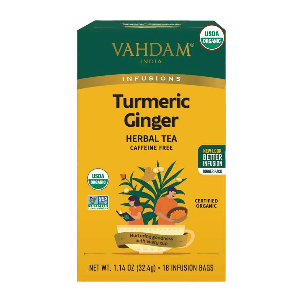 VAHDAM organic turmeric ginger tea bags in box, fresh aroma and caffeine-free calm.