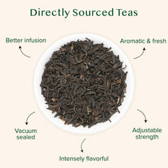 Aromas rise from VAHDAM English Breakfast tea during steep for a rich cup