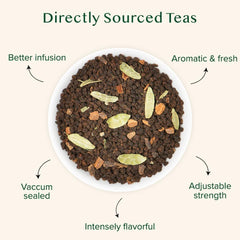 VAHDAM Masala Chai spice blend close-up shows cardamom, cinnamon and cloves for rich aroma.