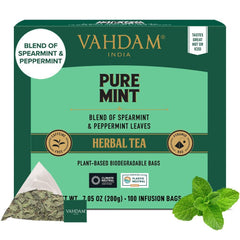 VAHDAM Pure Mint Herbal Tea pyramid bags for a bright, refreshing cup any time