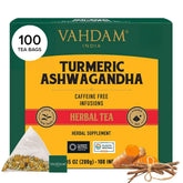 VAHDAM turmeric-ashwagandha tea bags packaging highlights premium, direct-from-farm blend.