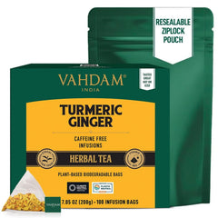 Brewing VAHDAM turmeric ginger tea yields a warm, earthy, zesty cup