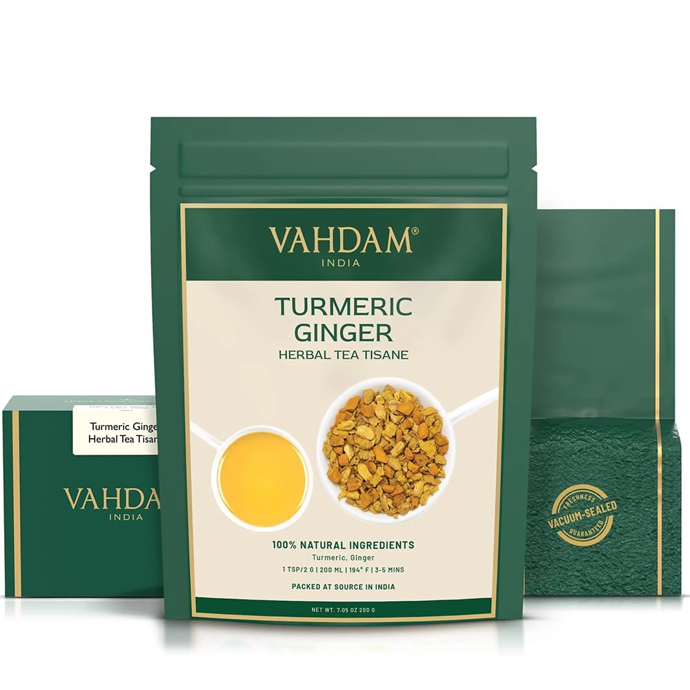 VAHDAM Turmeric Ginger Tea loose leaf: caffeine-free relaxation in every brew.