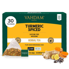 VAHDAM turmeric spice tea bags offering caffeine-free herbal refreshment