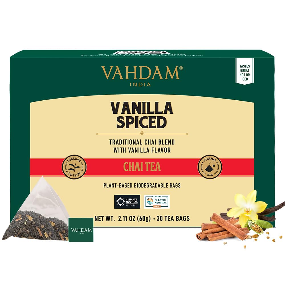 VAHDAM Vanilla Chai tea bags packaging highlights freshness and convenience for daily ritual.