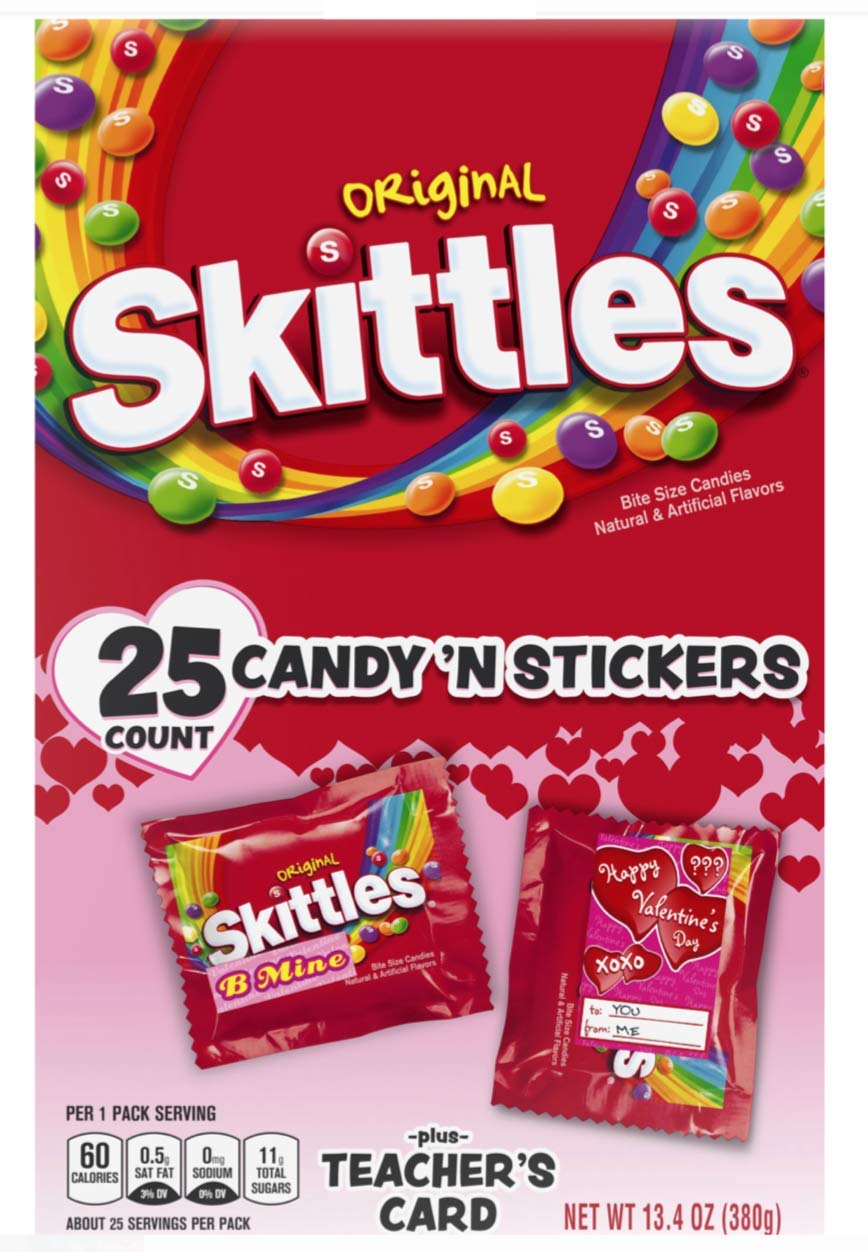 Valentine SKITTLES exchange kit pack showing 25 candy pouches for classroom gifts