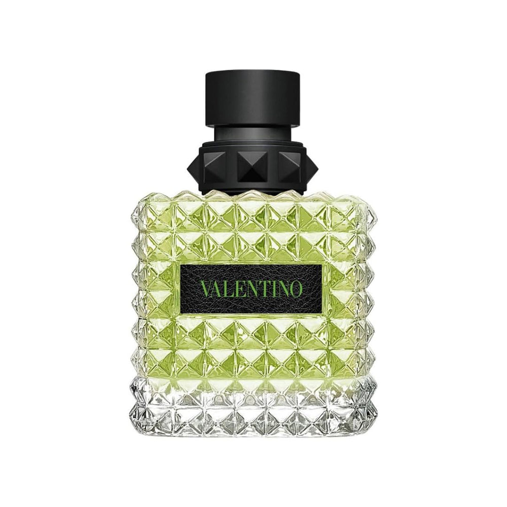 Valentino Donna Born In Roma Green Stravaganza bottle on display, vibrant daytime fragrance
