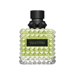 Valentino Donna Born In Roma Green Stravaganza bottle on display, vibrant daytime fragrance