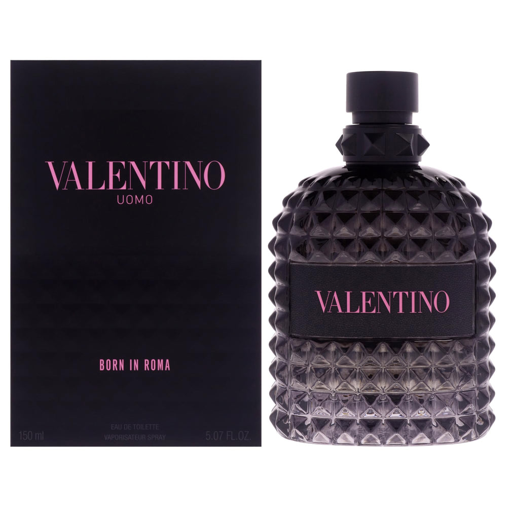 Valentino Uomo Born In Roma bottle front shows a sleek, premium design for gifting.