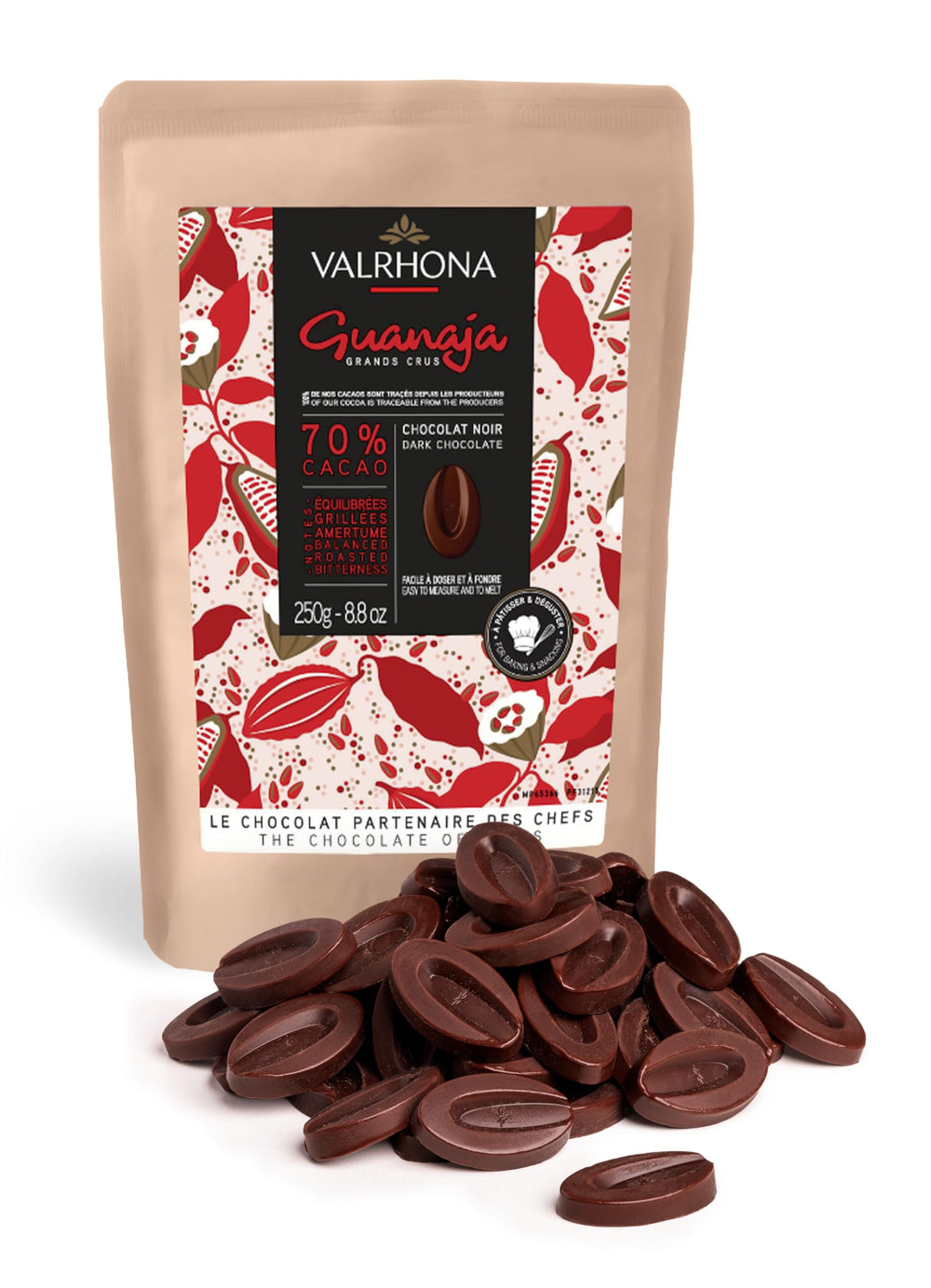 Valrhona Guanaja 70% discs melt precisely for sauces and pastries.