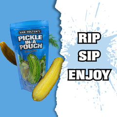 Van Holten's jumbo dill pickles in a pouch beside a lunchbox, ready to go.