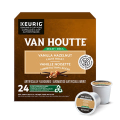 Van Houtte Vanilla Hazelnut Decaf K-Cups packaging on display, convenient decaf option.