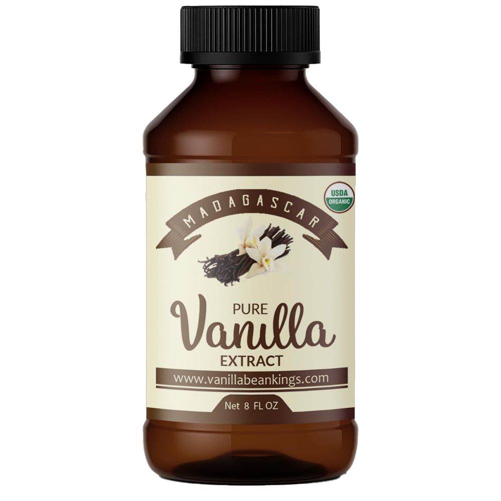 Vanilla Bean Kings organic vanilla extract bottle for rich baking aroma.
