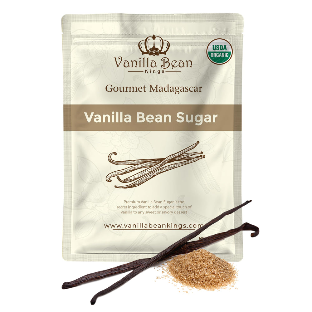 Vanilla Bean Kings Organic Vanilla Sugar packaging in pantry for convenient use