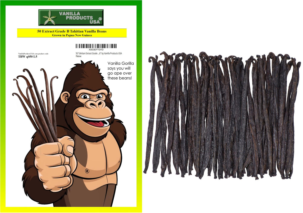 Vanilla Products USA 50 Tahitian vanilla beans in packaging, preserving freshness for versatile baking.