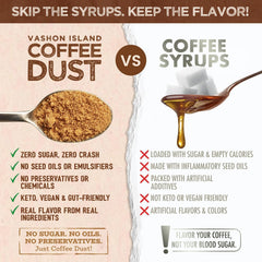 Vashon Coffee Dust vanilla flavor powder in a latte highlights creamy aroma.