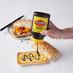 Australian-made Vegemite Squeezy in pantry with durable packaging.