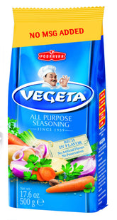 Vegeta gourmet seasoning 500g bag front view for balanced Mediterranean flavor in meals.