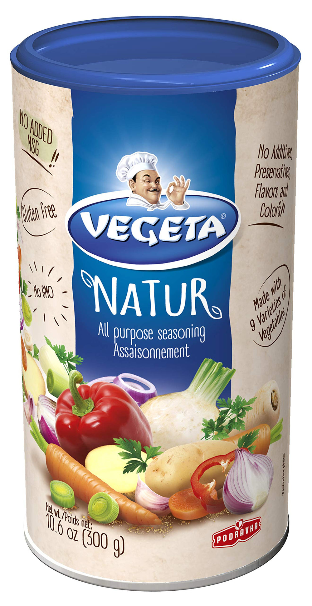Vegeta Natur all-purpose seasoning bottle highlighting nine-vegetable blend for richer flavor.