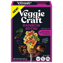 Veggiecraft Farms Rainbow Rotini pasta pack—vibrant colors for quick, protein-packed meals