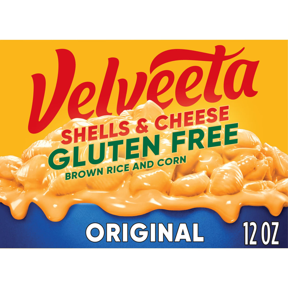 Velveeta Gluten Free Shells and Cheese box front ready for gluten-free dinner.