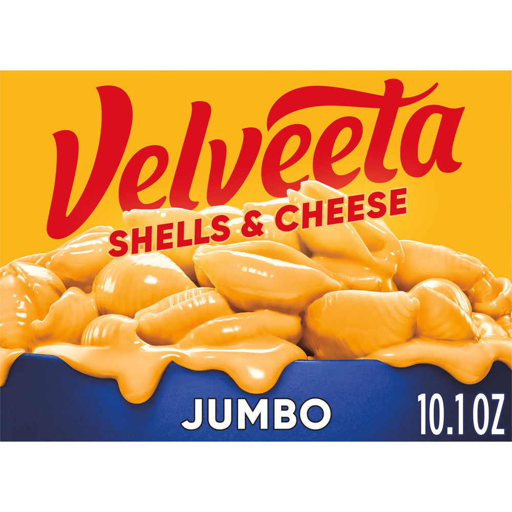 Velveeta jumbo original shells cheese box close-up for quick family dinner.