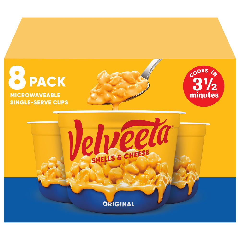 Velveeta Shells & Cheese box front with eight cups for quick meals.