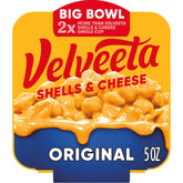 Velveeta Shells & Cheese original shells in a big bowl, convenient microwave meal.