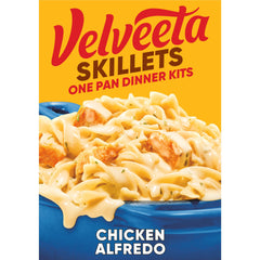Velveeta Skillets Chicken Alfredo box packaging highlights quick, creamy dinner option.