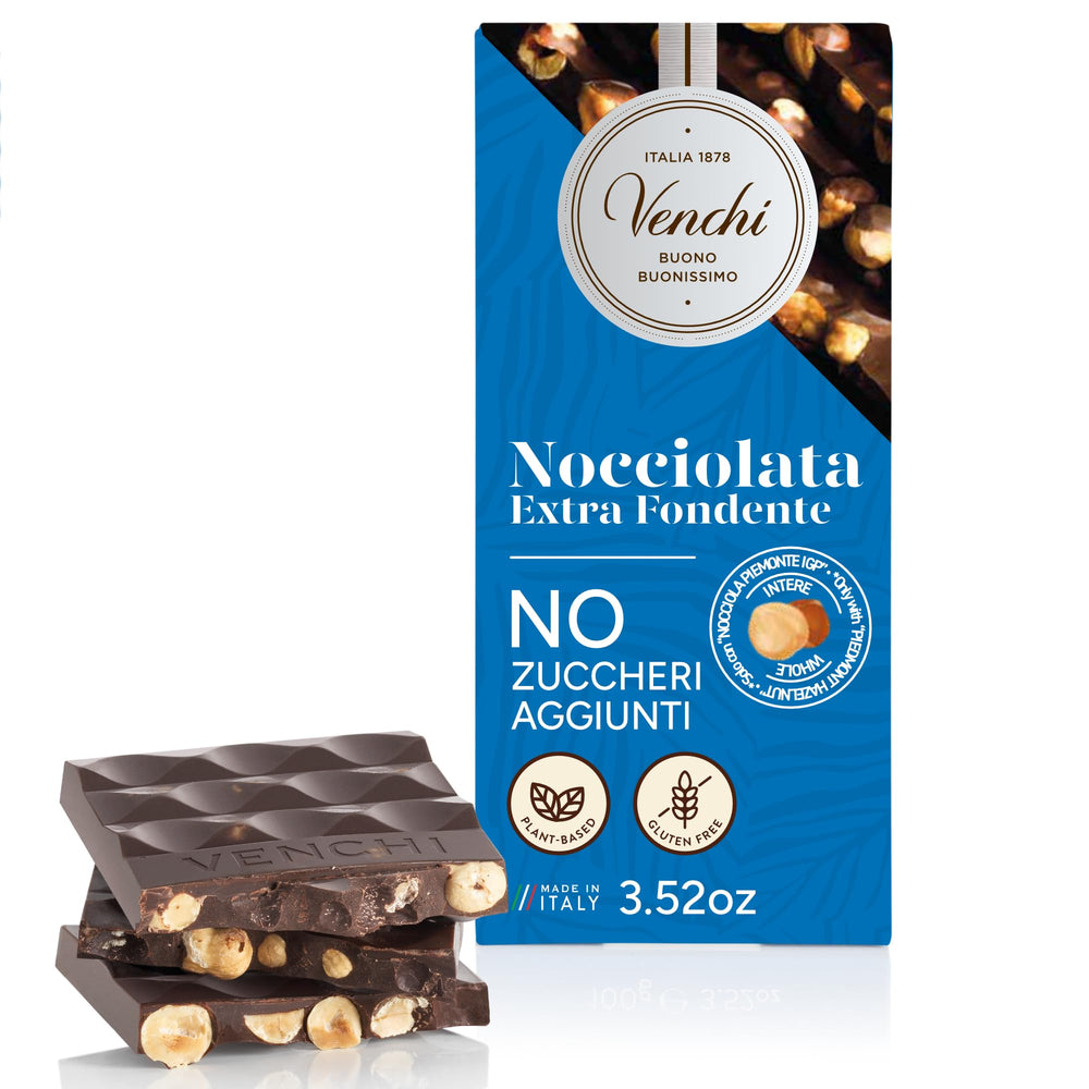 Venchi No Added Sugar Dark Hazelnut Bar packaging highlights gluten-free vegan option