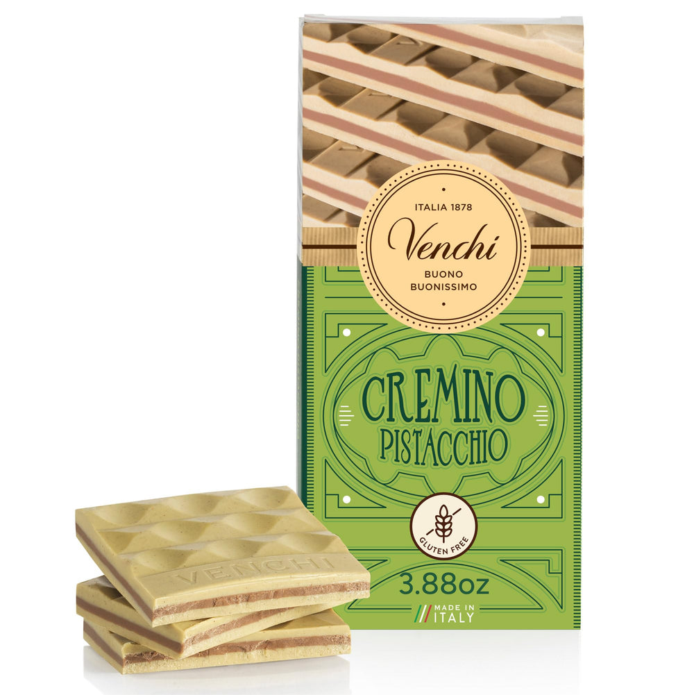 Venchi Pistachio Cremino Bar full view shows three creamy layers
