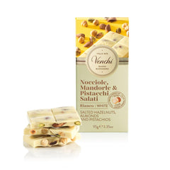 Venchi white chocolate with pistachios and salted nuts bar, whole; ideal for sharing and gifting.