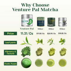 Venture Pal matcha tin open with vibrant powder ready for tea.
