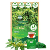 VerdiVibe Gymnema Tea Bags closeup leaves, pesticide-free and naturally fragrant.