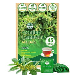 VerdiVibe Gymnema Tea Bags closeup leaves, pesticide-free and naturally fragrant.