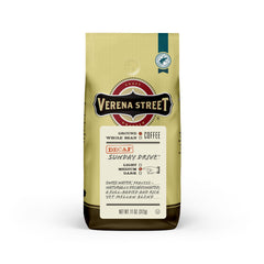Verena Street Sunday Drive decaf coffee 11 oz ground with inviting aroma for relaxed mornings.