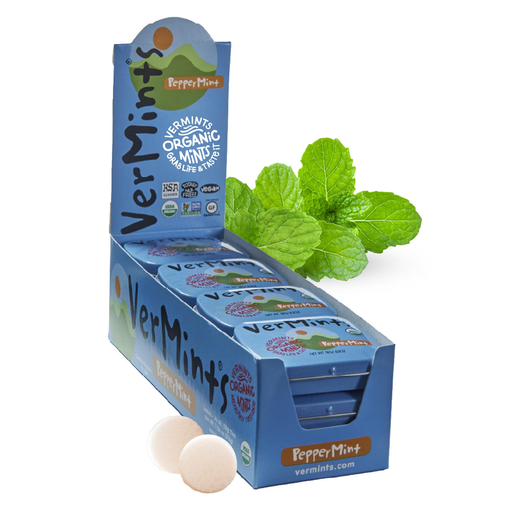 Vermints organic peppermint tin travel-size for fresh breath on the go.