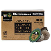 Vermont Coffee Company organic dark roast K-Cup pods on front box for convenient brewing