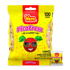 Vero PicaFresa strawberry gummy pack with chili coating for party bites.