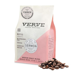 Verve Sermon Blend whole bean bag closeup; fresh-roasted quality ready for any brew.