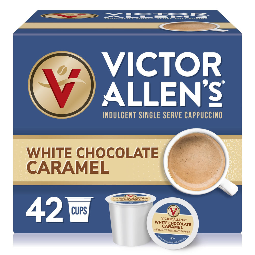 Victor Allen's Coffee white chocolate caramel cappuccino packaging highlights a convenient single-serve option