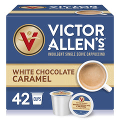 Victor Allen's Coffee white chocolate caramel cappuccino packaging highlights a convenient single-serve option
