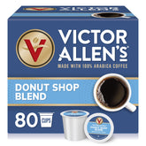 Victor Allen's Donut Shop Blend box with 80 pods, ideal for daily Keurig brews.
