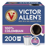 Victor Allen's Coffee 100% Colombian pods in box front view for quick brewing.