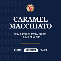 Close-up of Caramel Macchiato pods showing smooth flavor and premium packaging