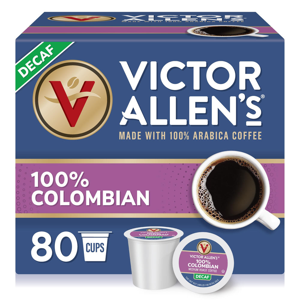Victor Allen's Decaf Colombian pods box ready for a smooth morning brew.