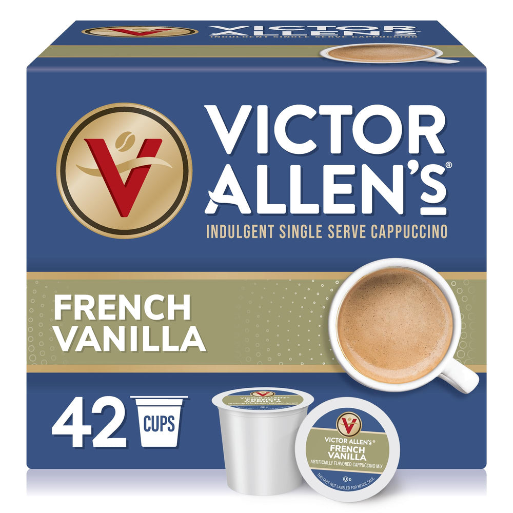 Victor Allen's French Vanilla cappuccino pod close-up emphasizing quick at-home indulgence.