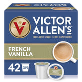 Victor Allen's French Vanilla cappuccino pod close-up emphasizing quick at-home indulgence.